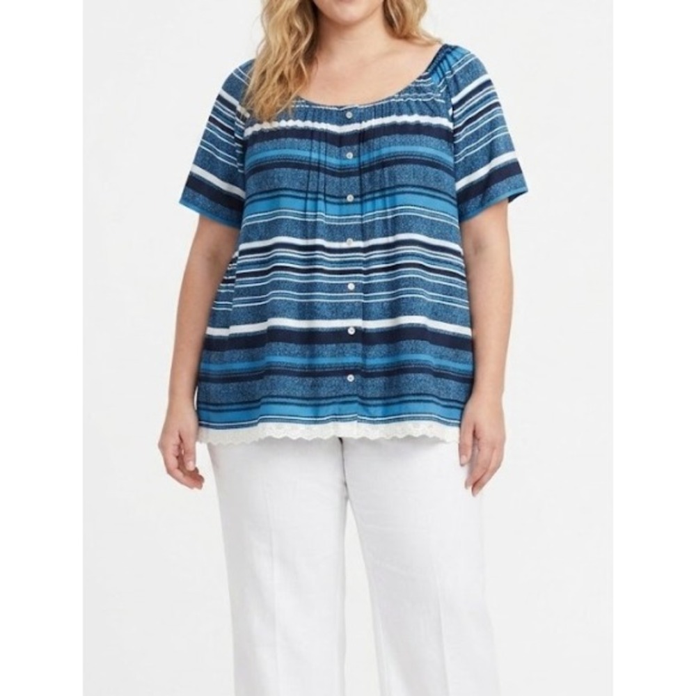 New Avenue Top size 26/28 Blue Striped Lace Trim Short Sleeve Stretch Knit